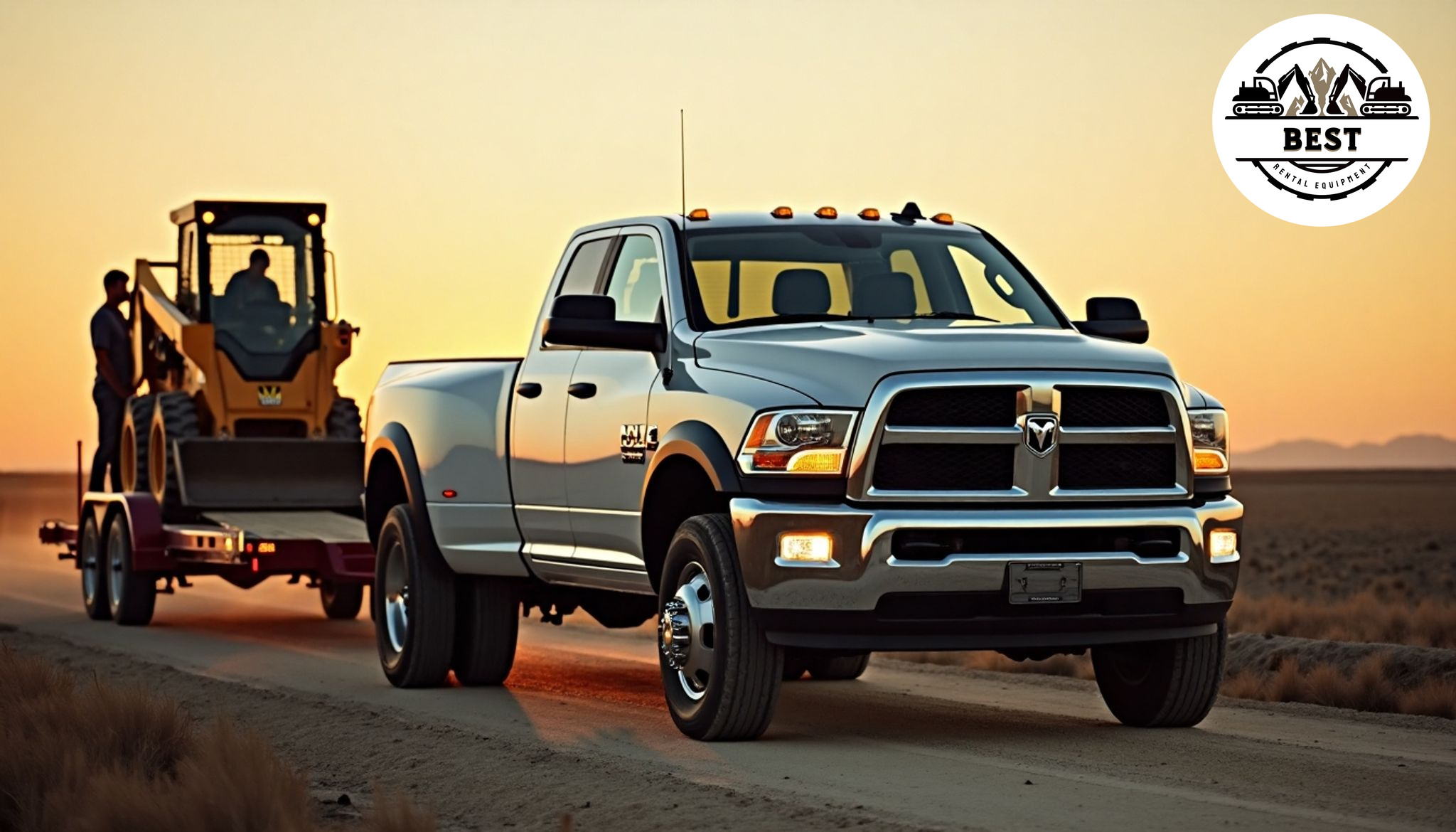 Dodge RAM 3500 truck towing a goose-neck trailer that is carrying a skid steer loader