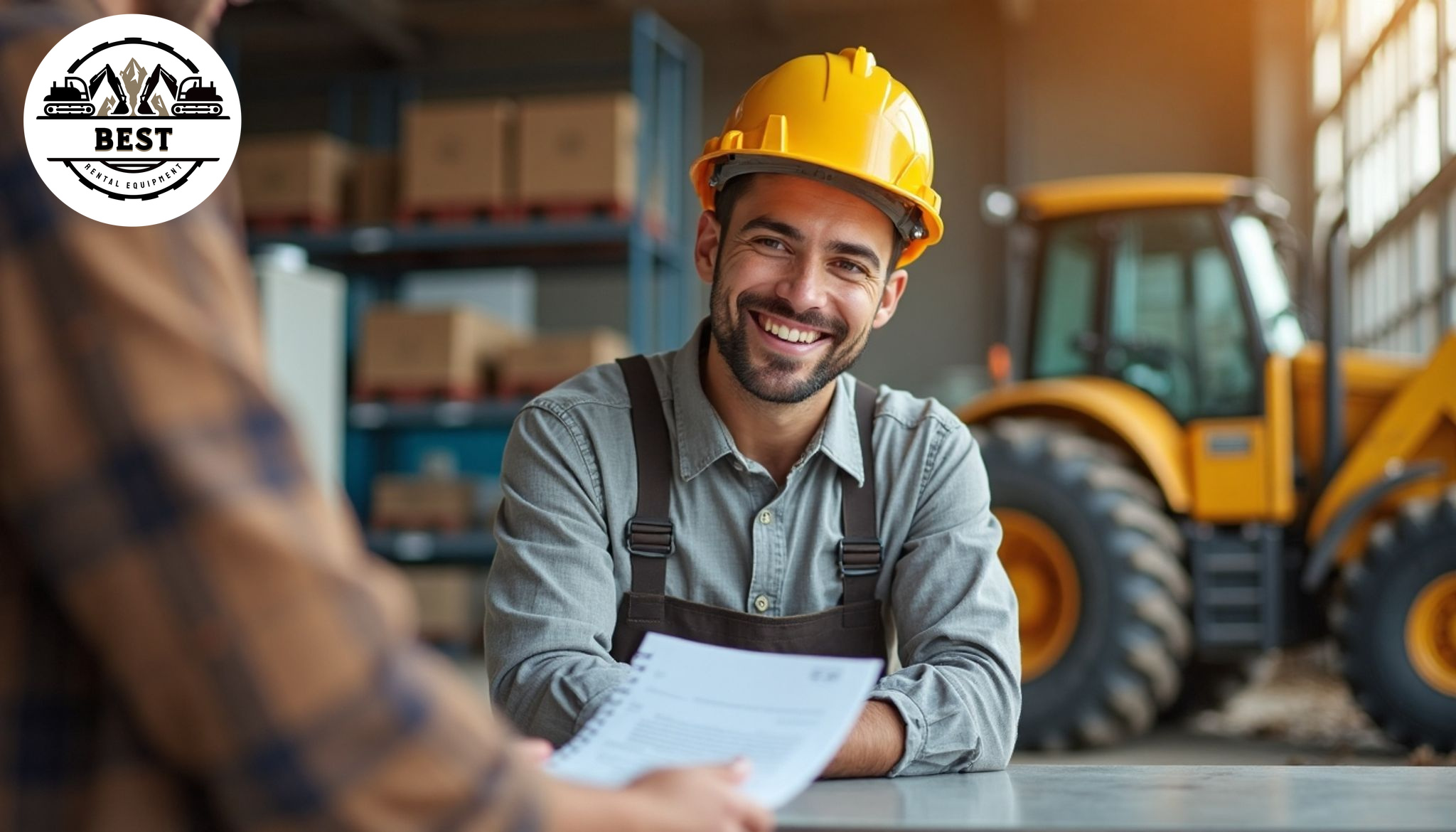 Happy contractor receiving discount paperwork at construction equipment rental counter