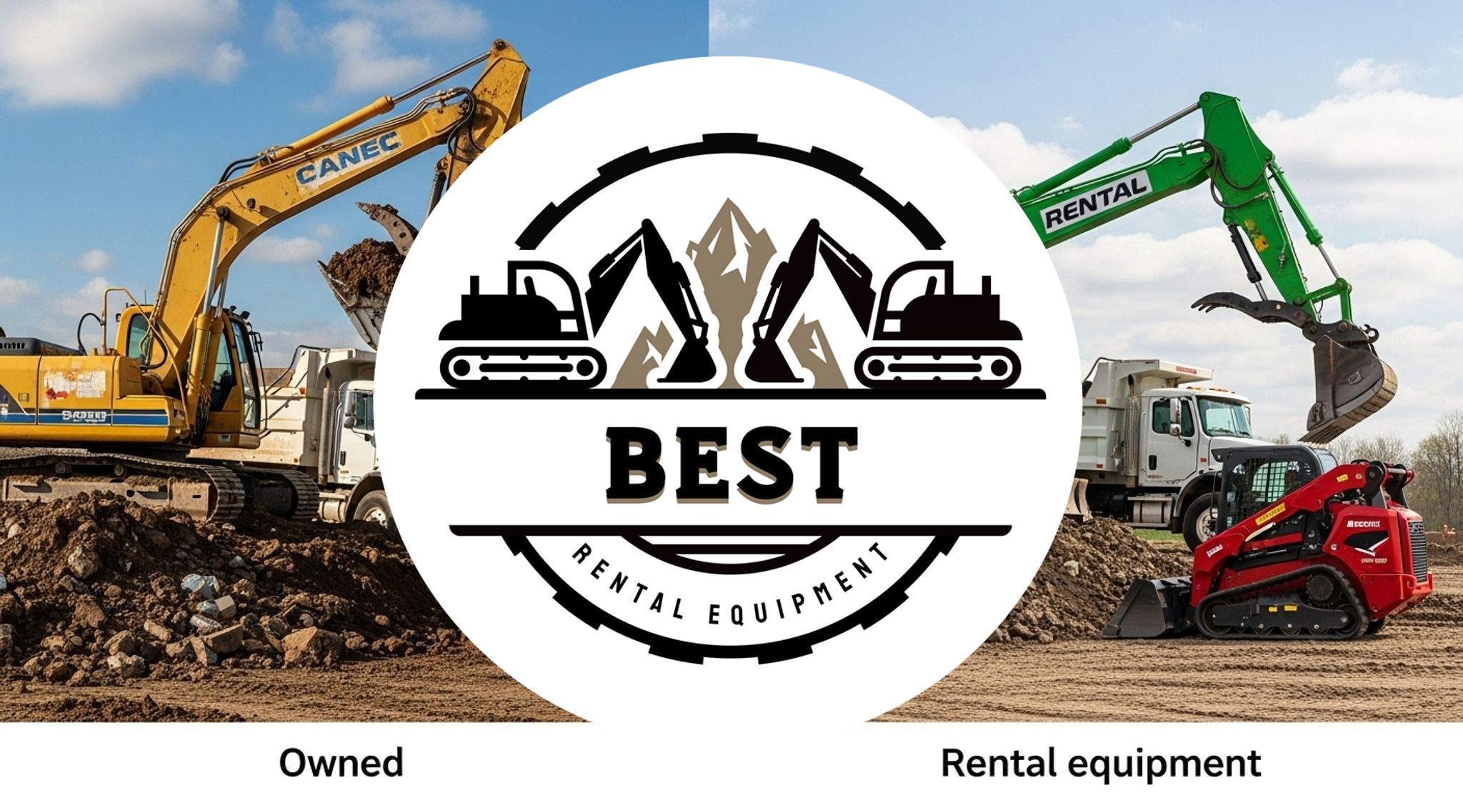 Split-screen view showing owned equipment on left and rental equipment on right