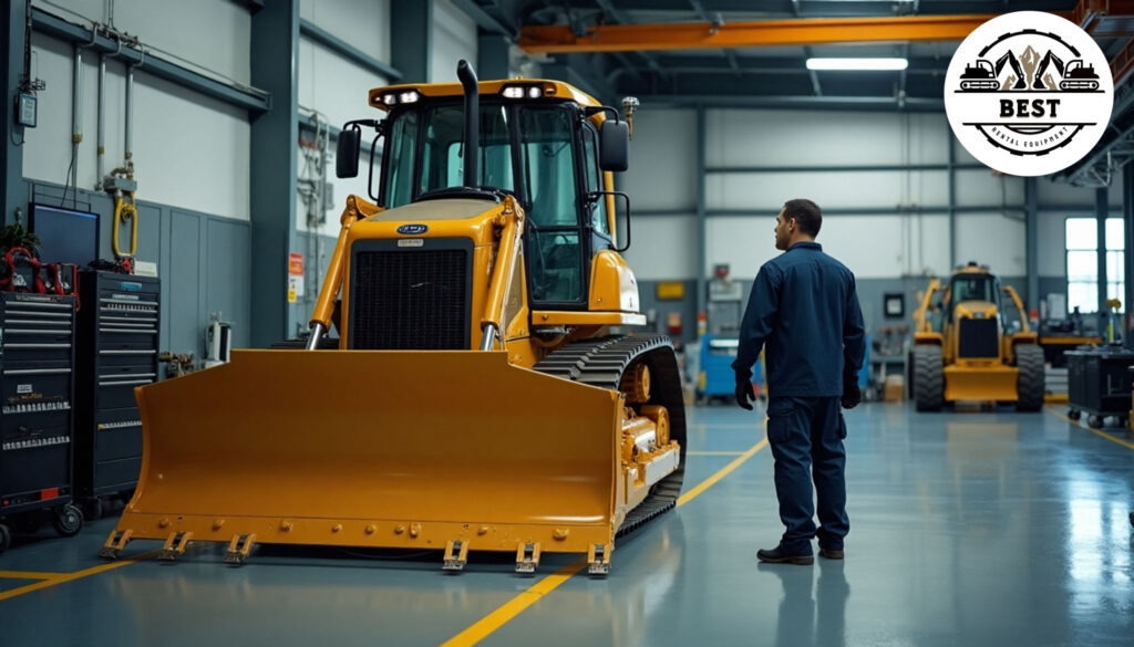Clean, well-organized service bay with technician performing maintenance on rental equipment