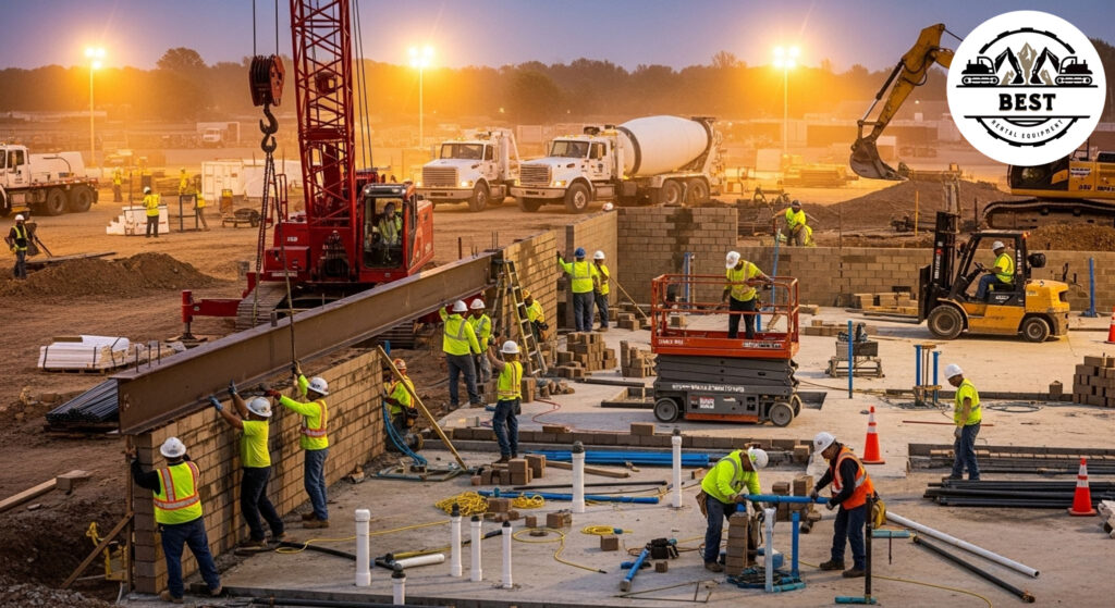 Construction site showing multiple trades