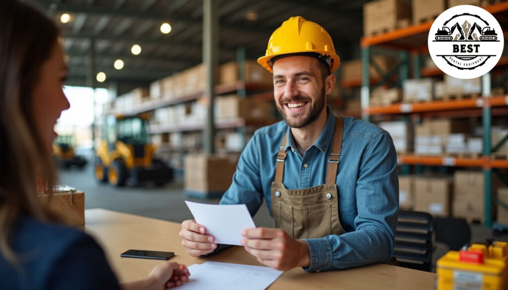 Happy contractor receiving discount paperwork at construction equipment rental counter