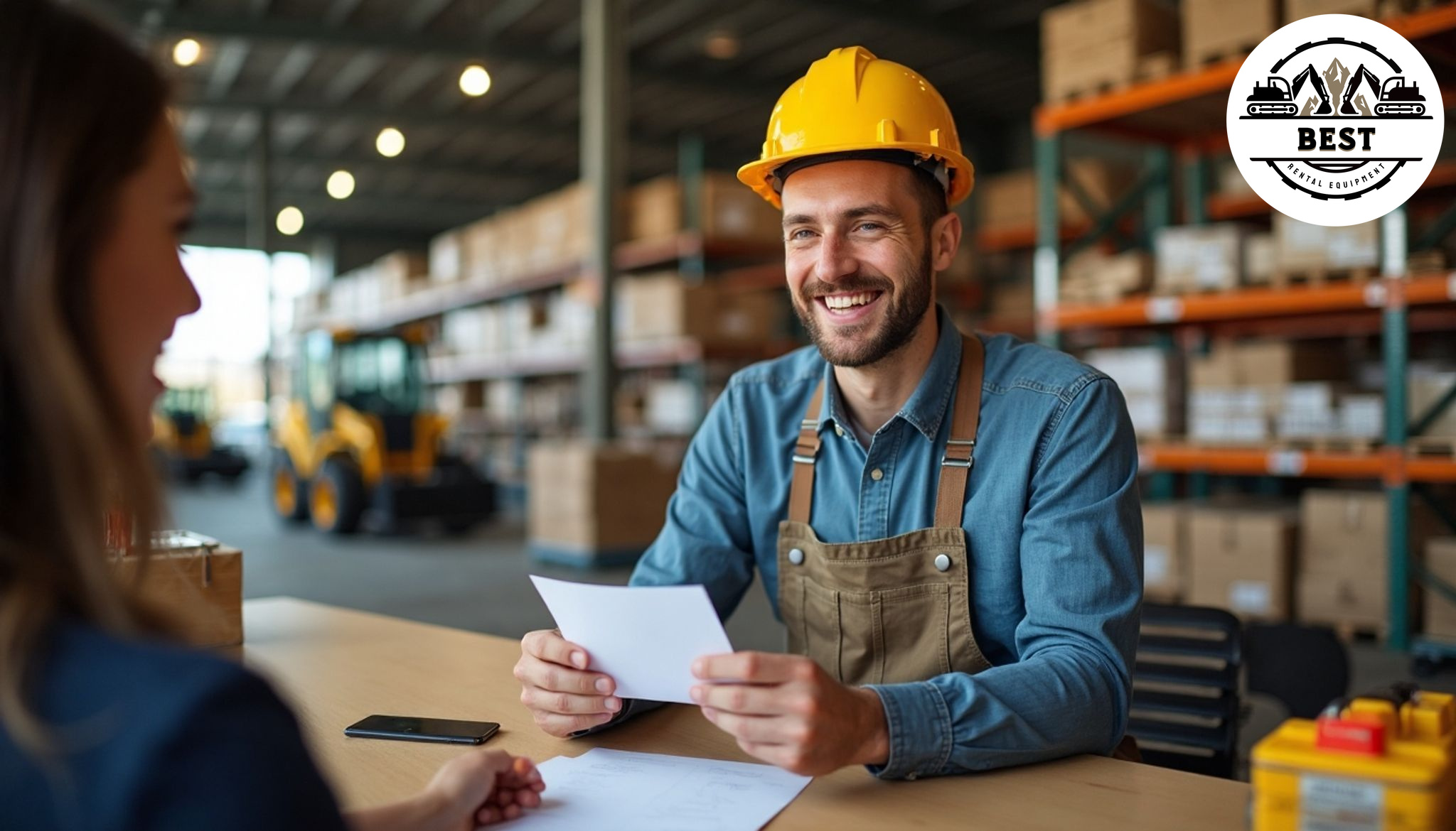 Happy contractor receiving discount paperwork at construction equipment rental counter