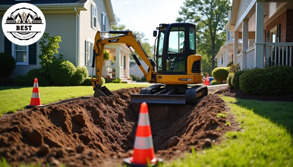 Small excavator working between houses