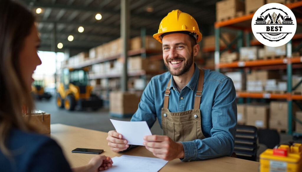 Happy contractor receiving discount paperwork at construction equipment rental counter