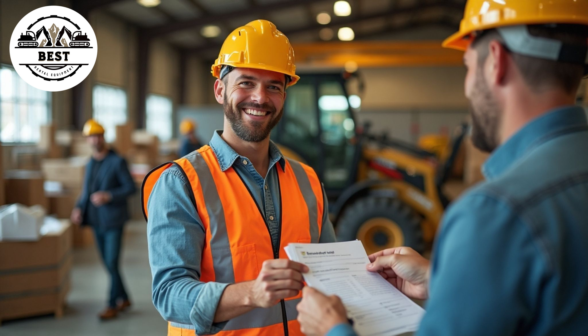 Happy contractor receiving discount paperwork at construction equipment rental counter
