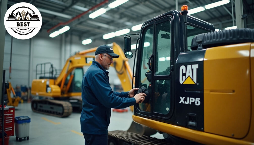 Clean, well-organized service bay with technician performing maintenance on rental equipment