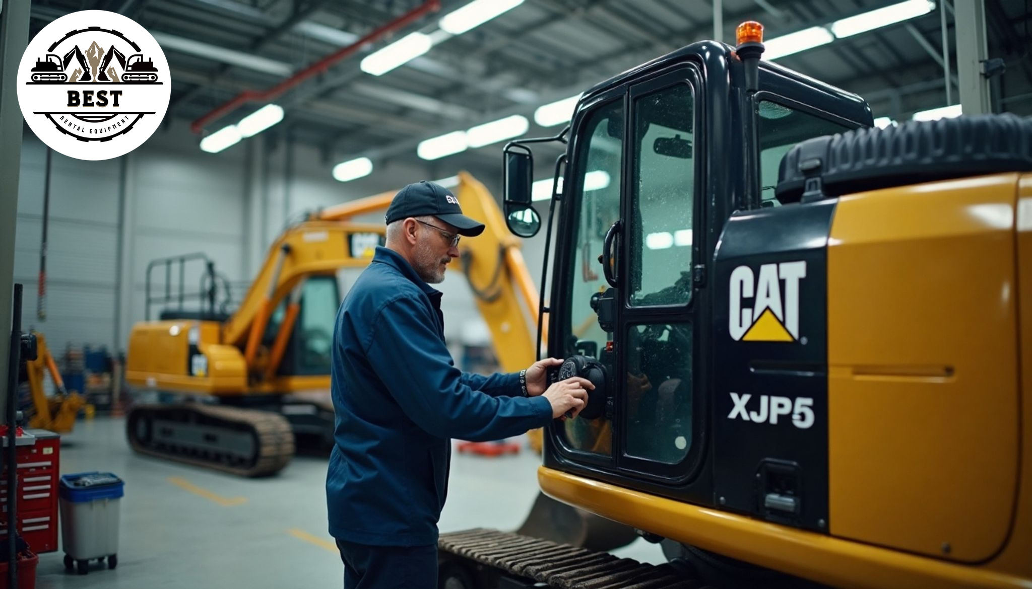 Clean, well-organized service bay with technician performing maintenance on rental equipment