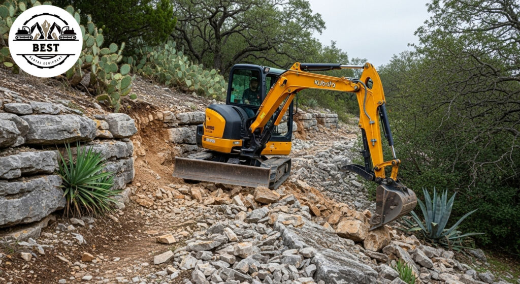 Compact tracked excavator navigating a rocky limestone slope