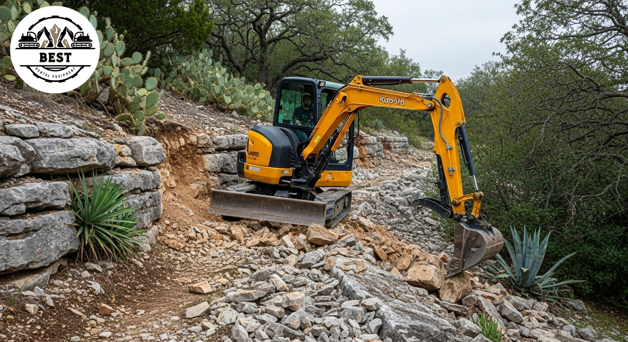 Compact tracked excavator navigating a rocky limestone slope