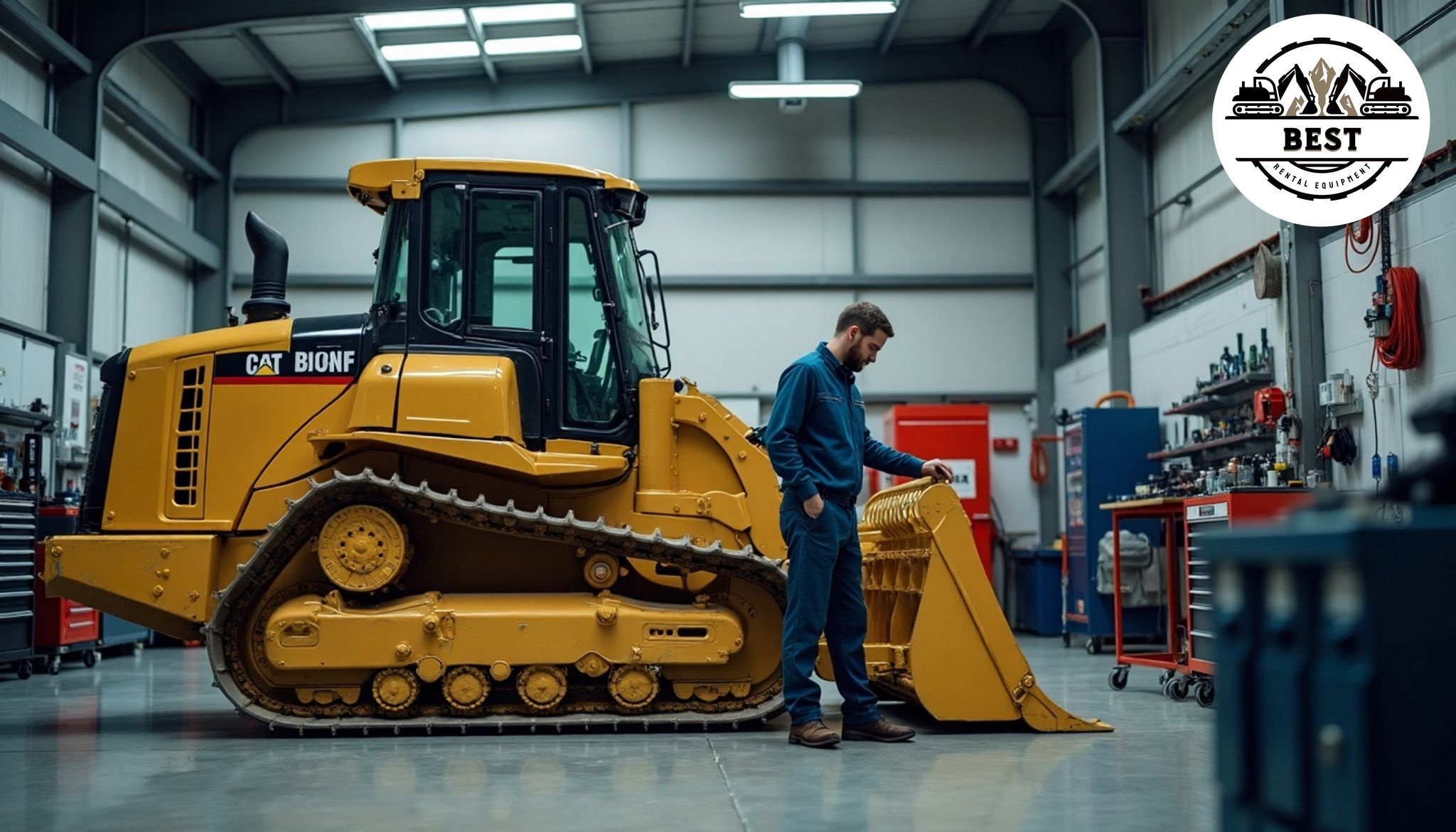Clean, well-organized service bay with technician performing maintenance on rental equipment