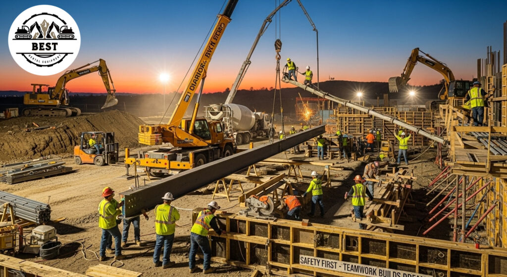 Construction site showing multiple trades