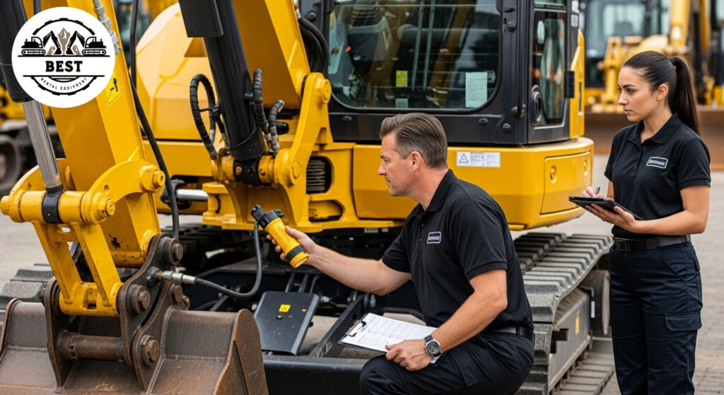 Clean, well-maintained excavator being inspected