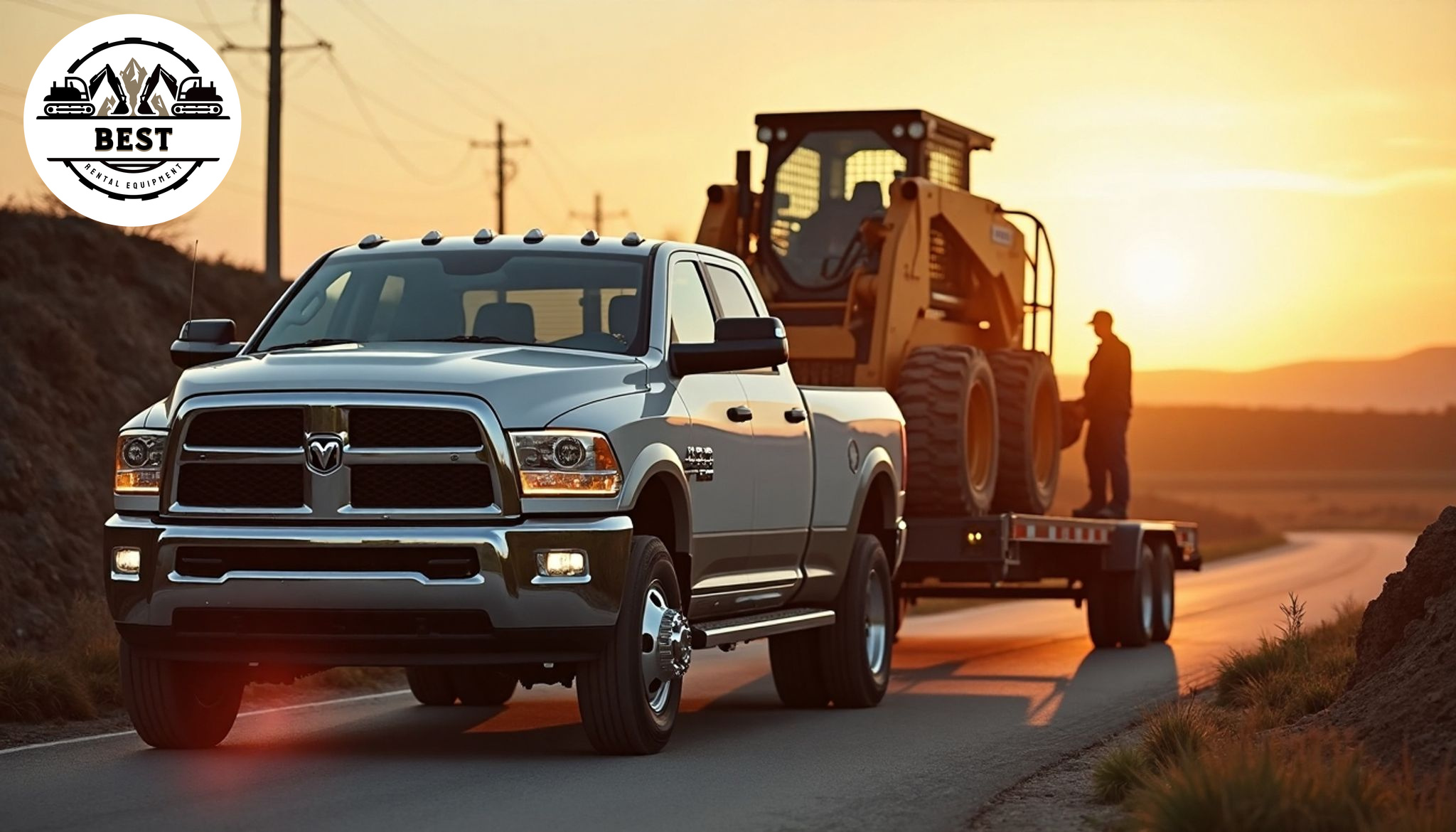 Dodge RAM 3500 truck towing a goose-neck trailer that is carrying a skid steer loader