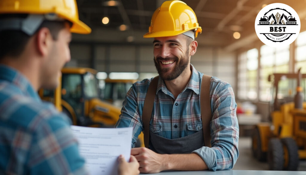 Happy contractor receiving discount paperwork at construction equipment rental counter