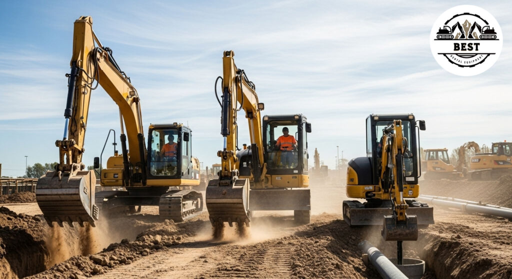 Three different sized excavators