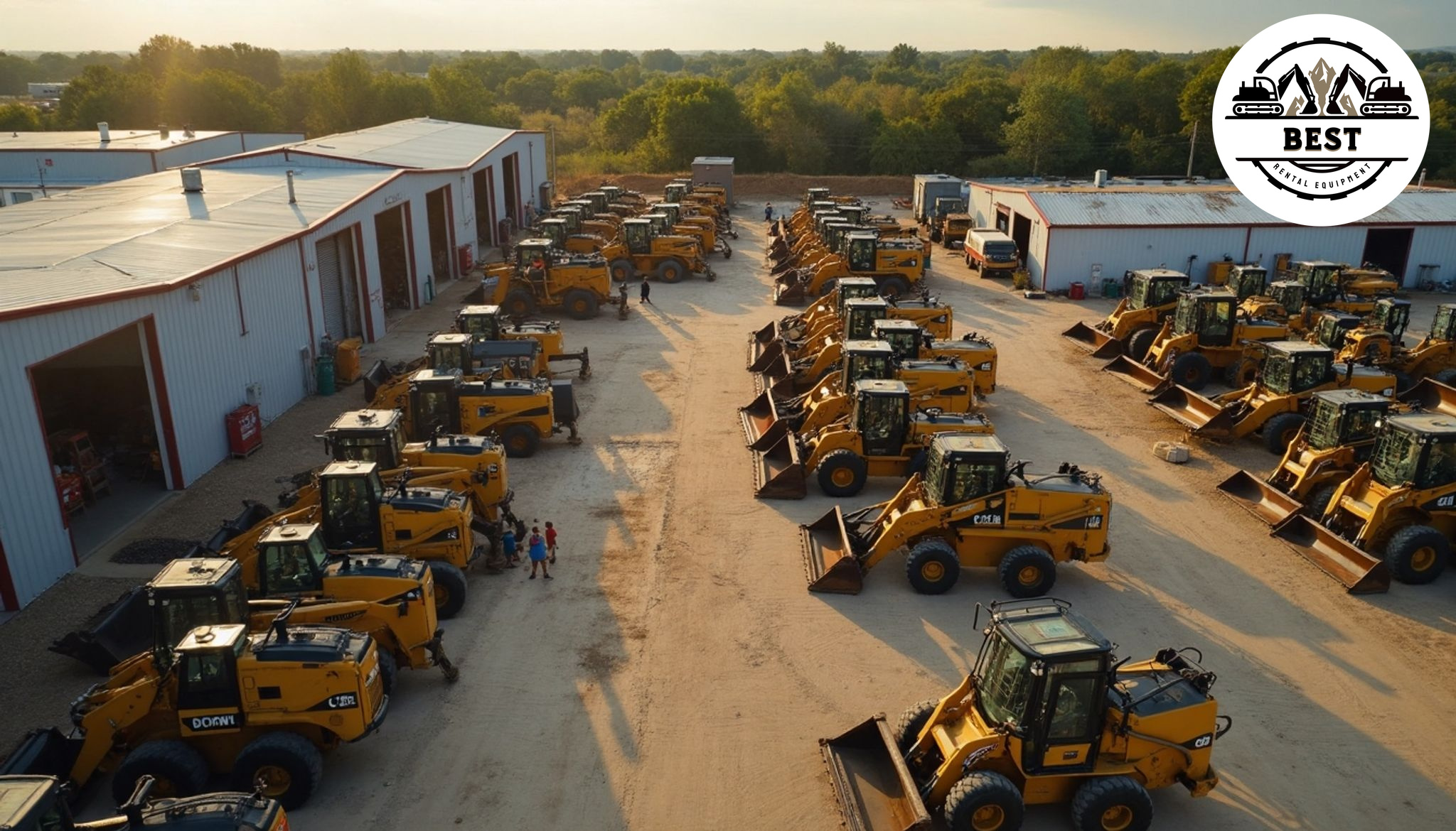 Aerial view of a small, well-organized construction equipment yard