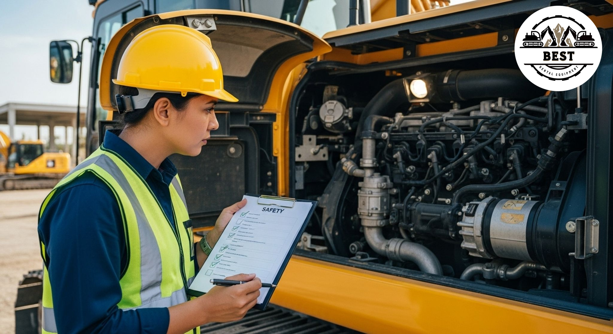 Safety inspector with hard hat and clipboard