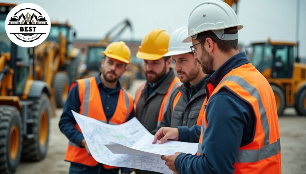 Diverse group of contractors examining equipment options at rental yard