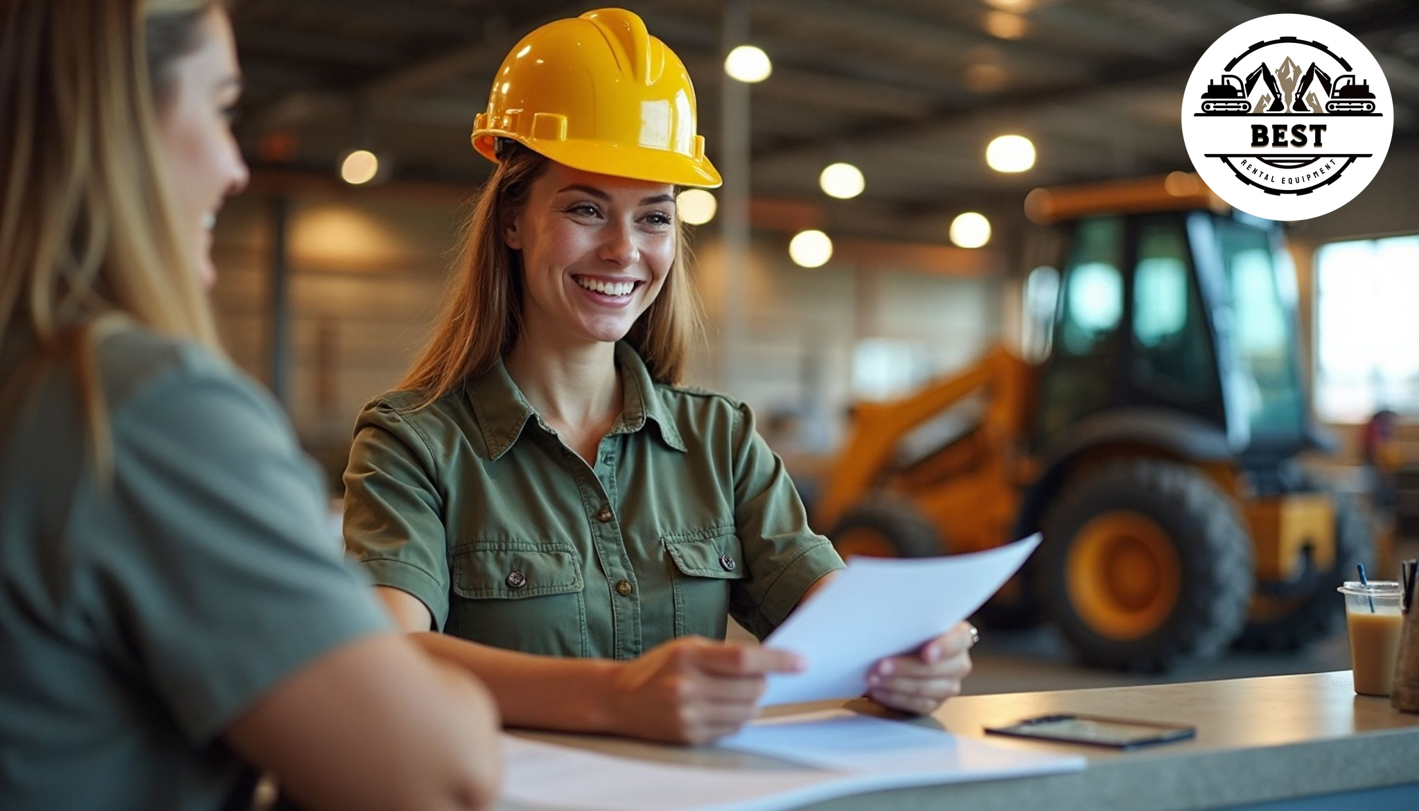Happy contractor receiving discount paperwork at construction equipment rental counter